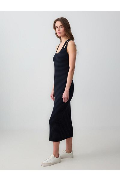 Jimmy Key Black Slim Fit U-Neck Sleeveless Print Knitted Long Dress