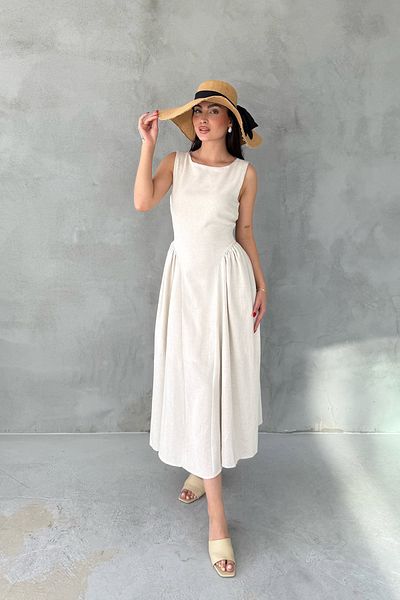 Seda Yalçın Atelier Beige Linen Midi Length Princess Dress with Shirred Sides