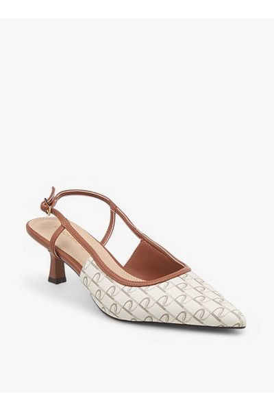 Paprika Monogram Print Slingback Shoes with Kitten Heels and Buckle Closure