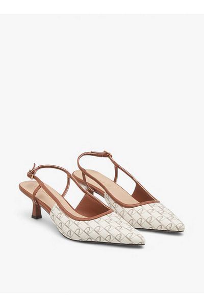 Paprika Monogram Print Slingback Shoes with Kitten Heels and Buckle Closure