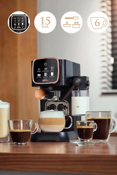 Arzum Okka OK0032 Semi-Automatic Espresso Machine with Milk Container, 15-Bar Pump, Touchscreen Disp