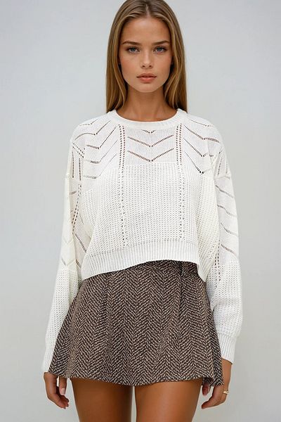 VAGGON Women's Ecru Crew Neck Bat Sleeve Openwork Knitwear Sweater Prmx12976