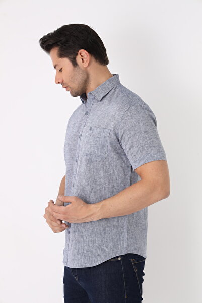 Cordial Чоловіча сорочка з суміші льону та бавовни, прямий крій, короткий рукав, одна кишеня