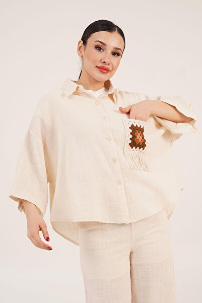 Hipo Trend Етнічний візерунок, вишивка на кишені, бежева сорочка