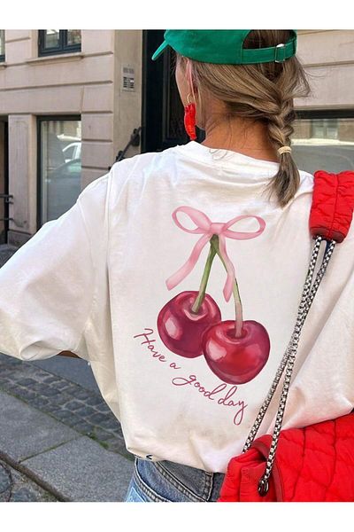 PENTHİLUS Women's Summer Round Neck Letter Cherry Printed Holiday T-Shirt