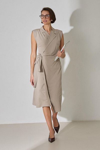 Setre Dark Beige Asymmetrical Neck Waist Tie Detail Sleeveless Midi Dress