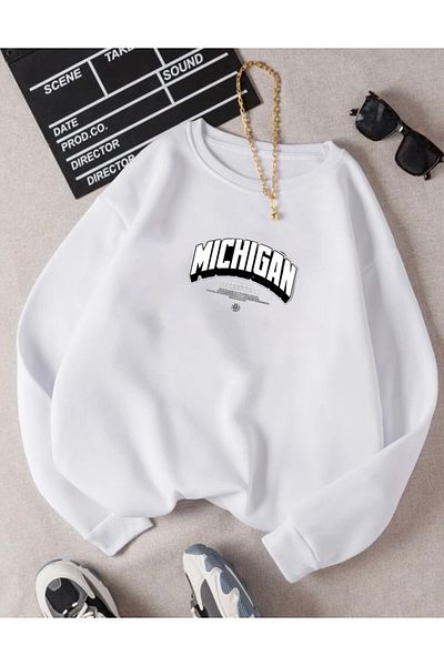 RPT MODA Oversized Michigan Print Detailled Crewneck Basic Sweatshirt