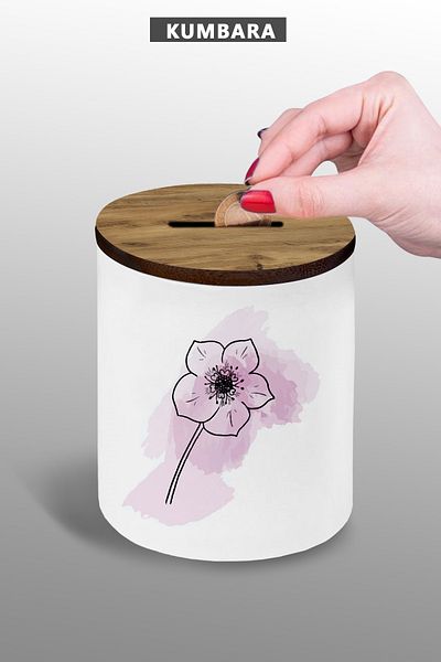 bymat Pink Flower Drawing Design Piggy Bank - Small Size Tabletop Piggy Bank - 9 cm Ceramic Piggy Bank - 25Kmb47