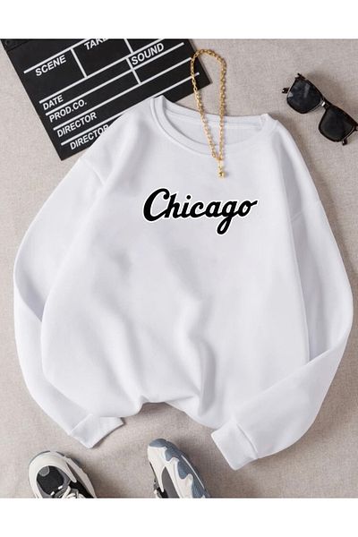 RPT MODA Oversized Chicago Black Printed Detail Basic Sweatshirt with Crew Neck
