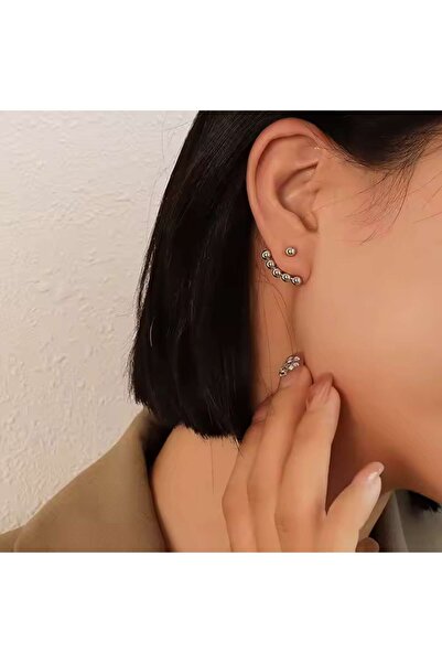 toptanhanem Şık Top Detaylı Küpe Gümüş Renk Paslanmaz Çelik, Modern Kadın Küpesi