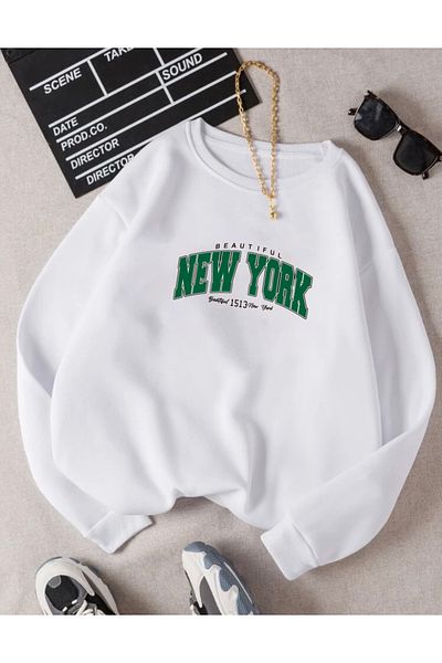 RPT MODA Oversized Green Newyork Printed Detail Cycling Collar Basic Sweatshirt