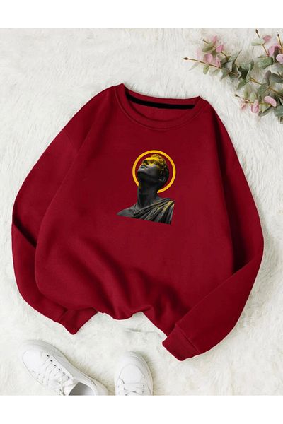 RPT MODA Oversized Yellow Plan Printed Detail Cycling Collar Basic Sweatshirt