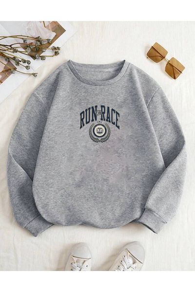 RPT MODA Oversize Run Race Printed Detailed Crew Neck Basic Sweatshirt