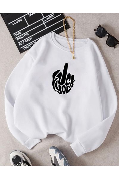 RPT MODA Oversized Fck You Printed Detail Basic Sweatshirt with Crew Neck