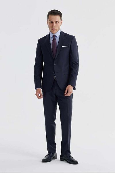 Jakamen Navy Blue Slim Fit Mono Neck Double Slit Straight Suit