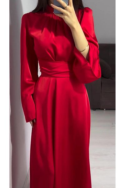noyacollection Spanish Sleeve Waist Wrapped Satin Hijab Evening Dress