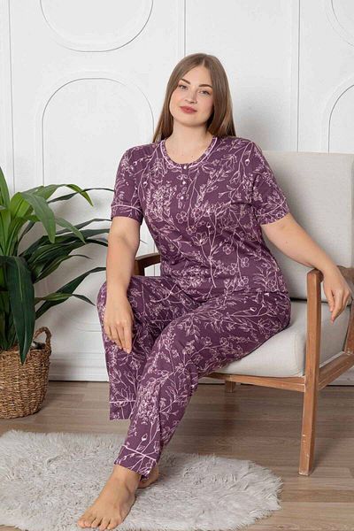 bie's Women's Large Size Plum Flower Pattern Crew Neck 100% Cotton 3 Button Short Sleeve Pajama Set