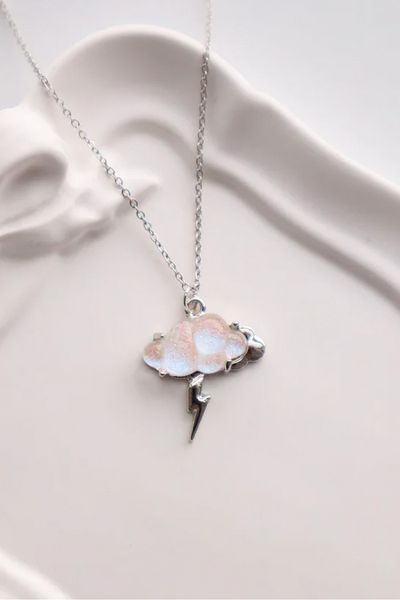 EFBUTİK White Cloud Lightning Imported Necklace with Silver Color Chain