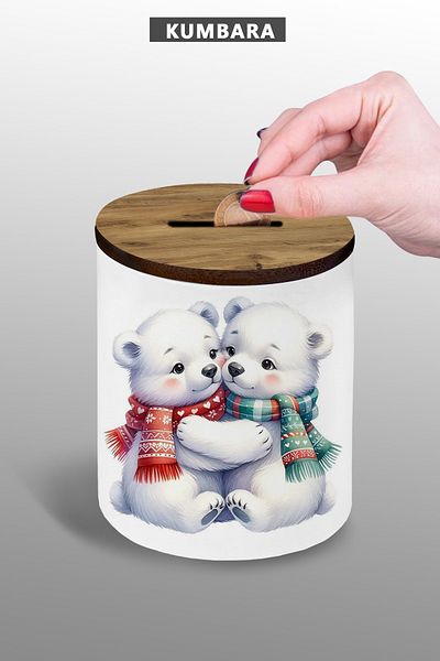 Bytwo 9 cm Ceramic Piggy Bank with Hugging White Bear Image Small Size Tabletop Piggy Bank 25Kmb237