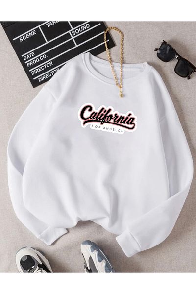 RPT MODA Oversized California White Printed Detail Cycling Collar Basic Sweatshirt