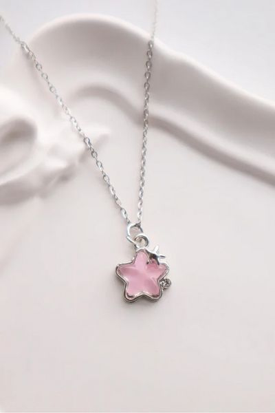 EFBUTİK Silver Color Chain with Pink Stone Flower Imported Necklace