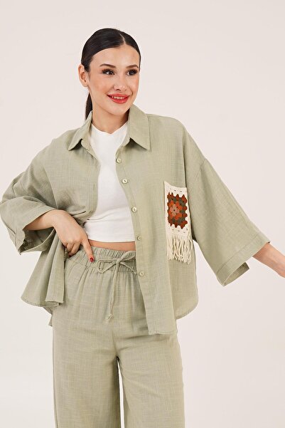 Hipo Trend Етнічний візерунок з вишивкою, кишеня, хакі сорочка