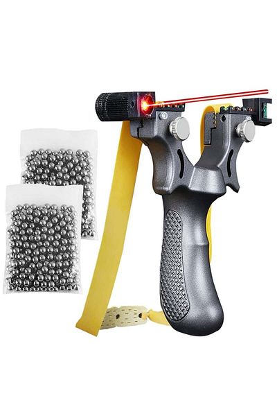 Depox Set de praștii laser IdeallStore®, Sling King, plastic, 11,5 cm, cu bilă, argintiu și bilă metalică 200