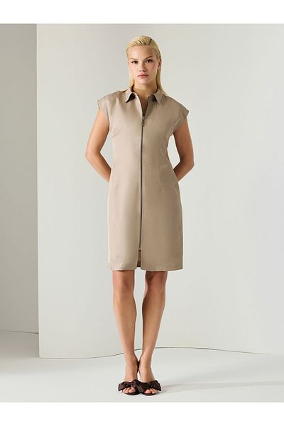 Unique Linen Fabric Short Dress with Zipper Detail