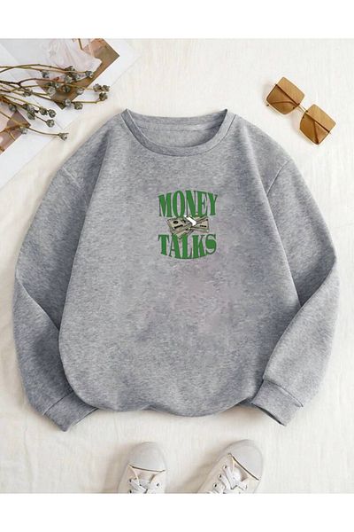 RPT MODA OVERSIZED MONEY TALKS PRINTED BICYCLE COLLAR BASIC SWEATSHIRT