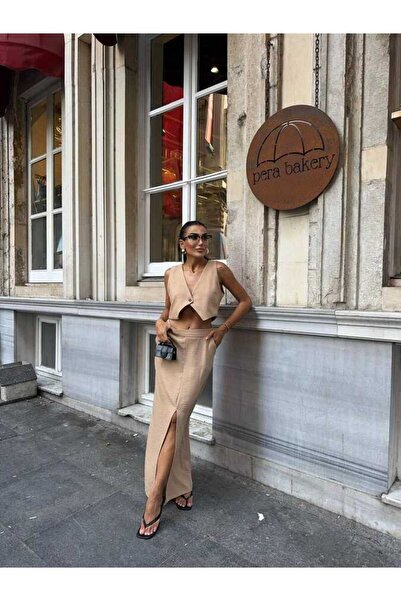 LOKADI Set din două piese din țesătură de in pentru femei, cu vestă și fustă