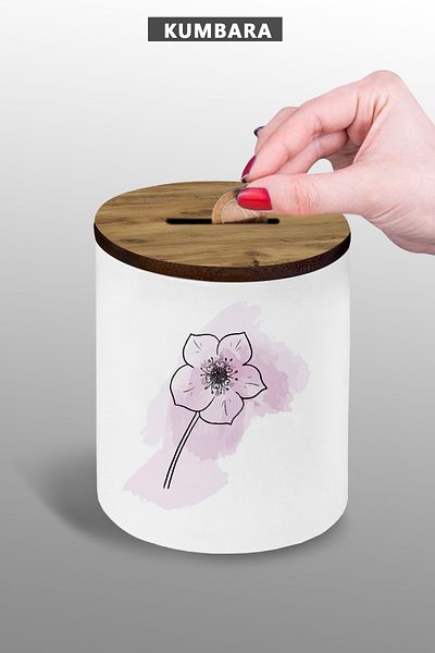 Bytwo Ceramic Piggy Bank with Pink Flower Drawing - Small Size - 9 cm