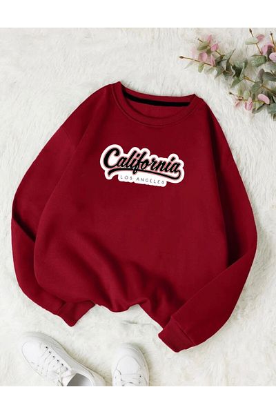 RPT MODA Oversized California White Printed Detail Cycling Collar Basic Sweatshirt