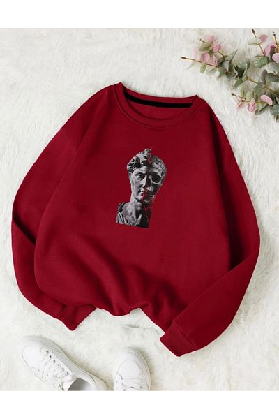 RPT MODA Oversized Statue Printed Detailed Crew Neck Basic Sweatshirt