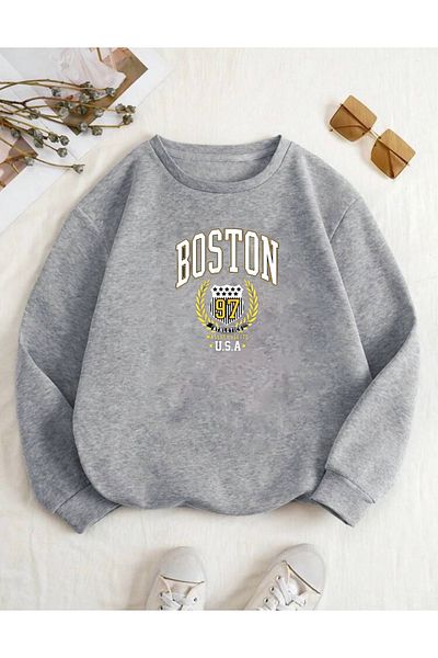 RPT MODA Oversized Boston Printed Detail Cycling Collar Basic Sweatshirt