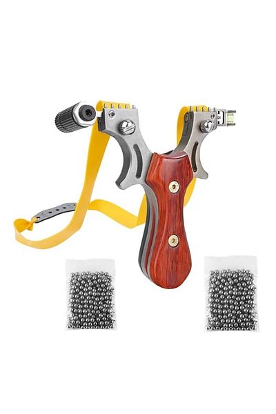 Depox Set Sling Queen, metal, 11,5 cm, cu boloboc, maner din lemn, maro si 200 bile de 6 mm