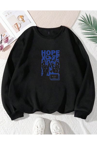 RPT MODA Oversized Hope Printed Detail Cycling Collar Basic Sweatshirt