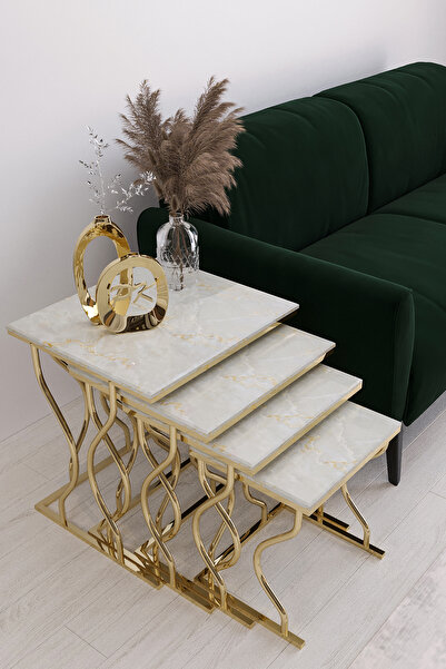 Puklife Hayal 4'lü Kare Zigon Sehpa Seti Gold Ayak, Gold Mermer MDf