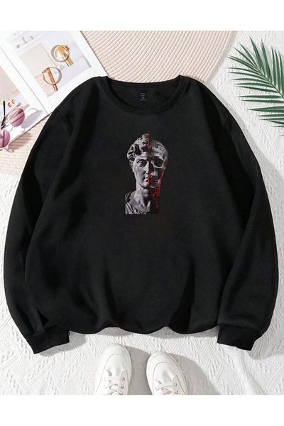 RPT MODA Oversized Statue Printed Detailed Crew Neck Basic Sweatshirt
