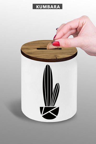 bymat Drawing Cactus Design Piggy Bank - Small Size Tabletop Piggy Bank - 9 cm Ceramic Piggy Bank - 25Kmb150