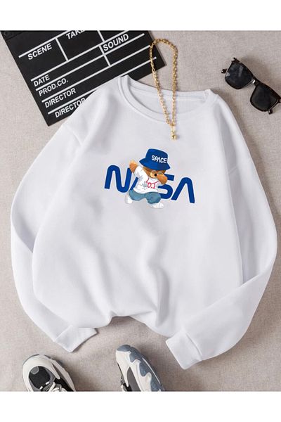 RPT MODA Oversized Nasa Printed Detailed Basic Sweatshirt with Crew Neck