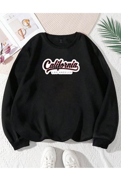 RPT MODA Oversized California White Printed Detail Cycling Collar Basic Sweatshirt