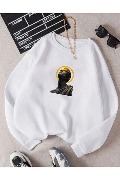 RPT MODA Oversized Yellow Plan Printed Detail Cycling Collar Basic Sweatshirt
