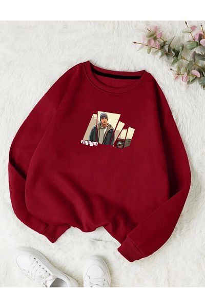 RPT MODA Oversized Emi̇nem Printed Detailled Crewneck Basic Sweatshirt
