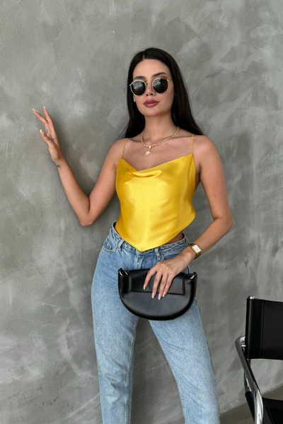 oshebu Yellow – Women's Asymmetrical Cut Back Tie Detail Blouse