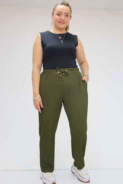 Eslina 39011 Large Size Khaki Colored Wrap Skinny Leg Trousers