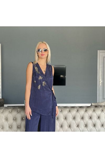 Unique Cupra Fabric Embroidered Double Breasted Collar Bluz