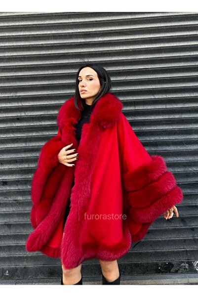 Furora Store Kadın kaşmir panço- Kürklü Oversize Panço- Kadın şal- Yünlü Şal