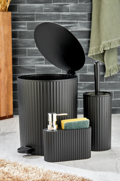 Homie 3 Parça Pedallı Banyo Seti - Pedallı Çizgili Yuvarlak Çöp Kovası WC Fırçası Süngerlikli Set