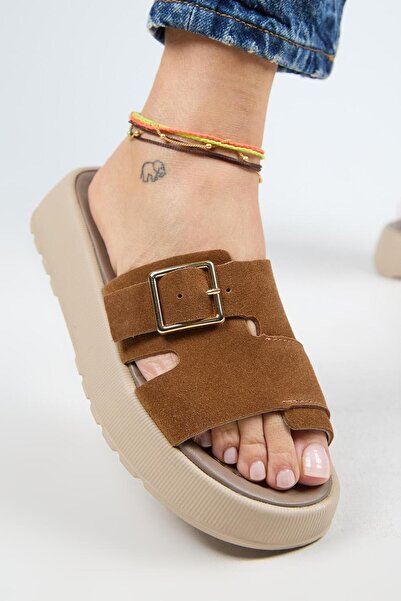 Manijero Kadın Hakiki Deri Tek Bant Taba Terlik