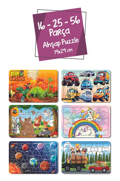 Leelii Tasarım Dinosaur, Cute Vehicles, Unicorn, Animals, Planet, Truck, Car 16-25-56 Piece Wooden Puzzle Set